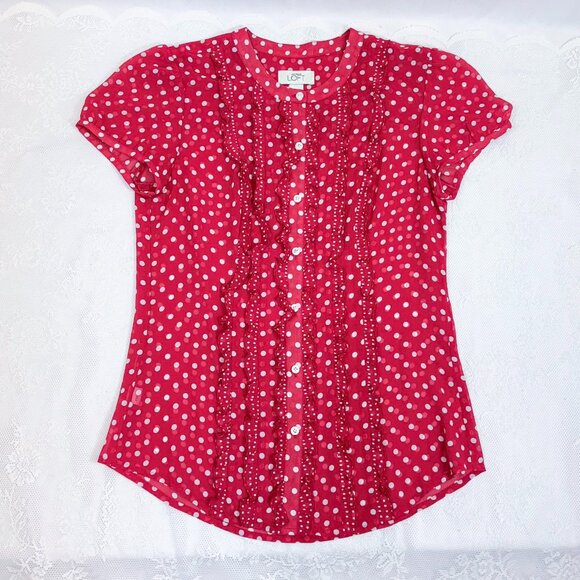 Ann Taylor LOFT Flirty Blouse Polkadot Red Business Casual Button Down Lady Bug - Picture 1 of 9